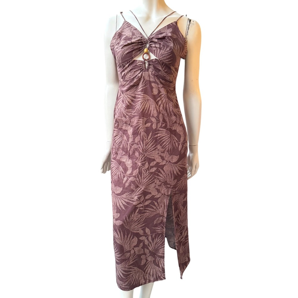 JF Linen Beaded Maxi Dress Leaf Print Spaghetti Strap Cutout Front Slit Brown M